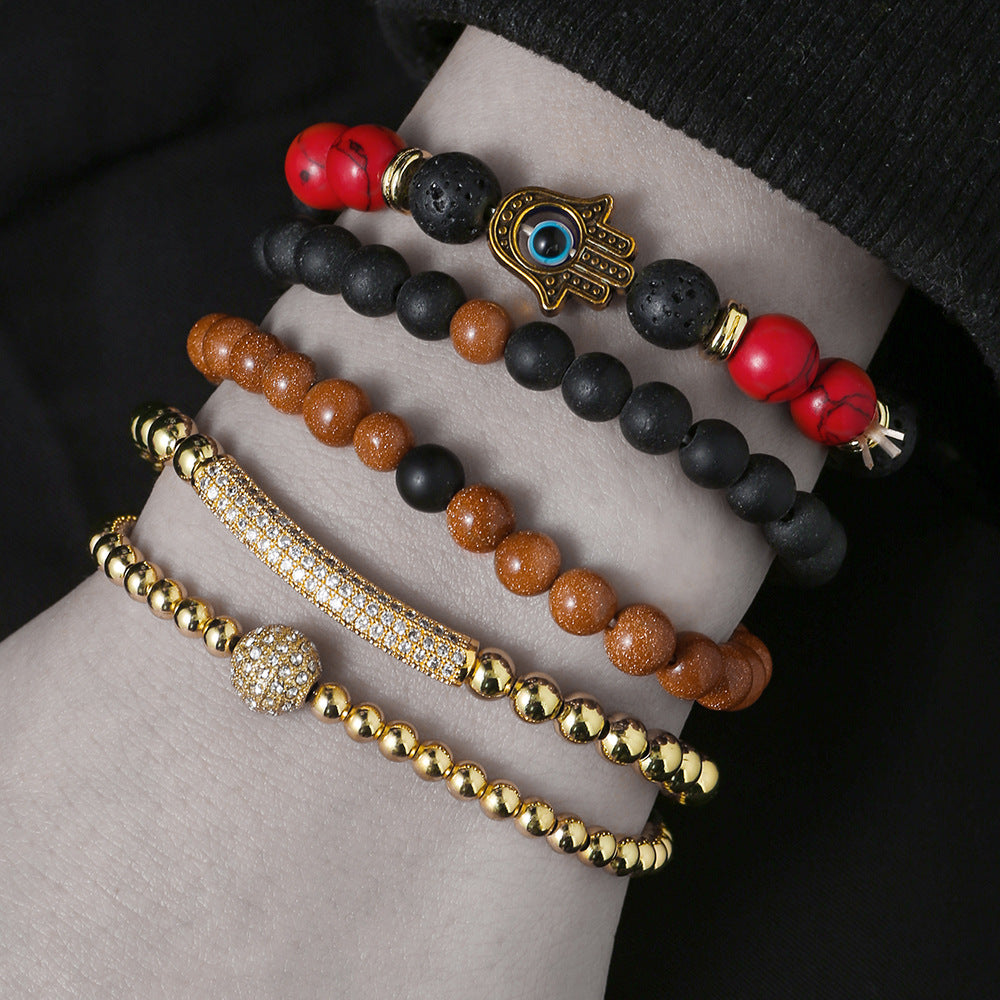 Amazon popular devil's eye palm bracelet, retro diamond-encrusted diamond ball fashion beaded stone bracelet 5-piece set