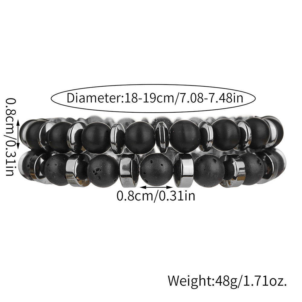Fashion Personality Volcano Stone Black Magic Sand Black Gallstone Beaded Elastic Bracelet Men's 2-piece Commuter Vacation Bracelet