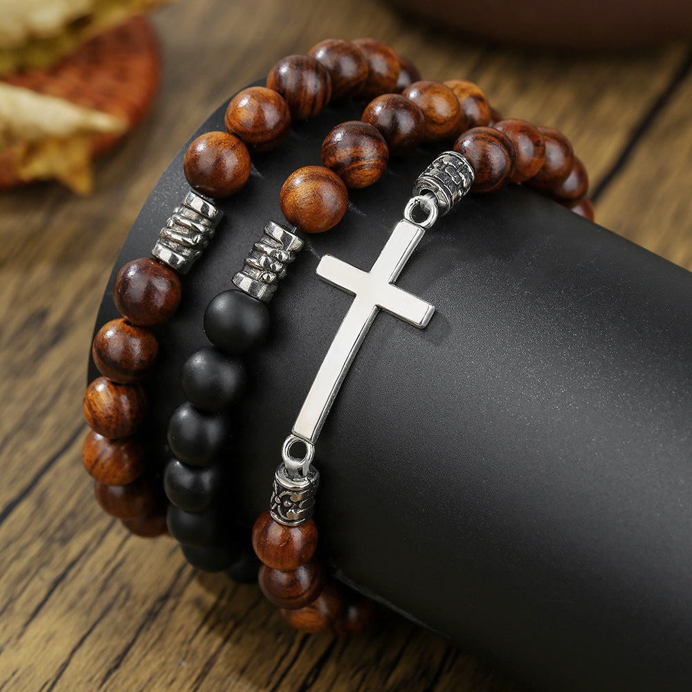 Vintage men's bracelet, Bohemian cross wooden bead bracelet, ethnic style couple multi-layer bracelet set