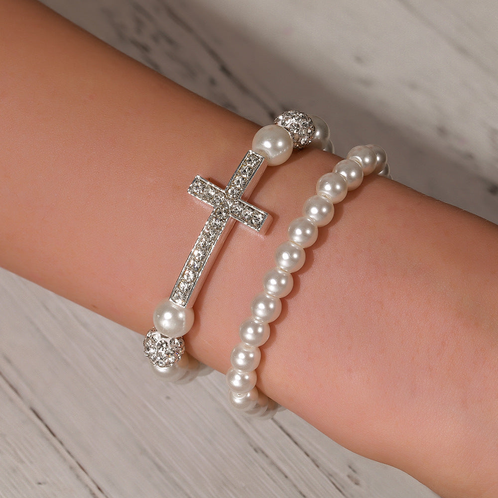 Cross-border hot-selling imitation pearl diamond cross diamond ball bracelet combination cold wind advanced sense personalized wedding bracelet