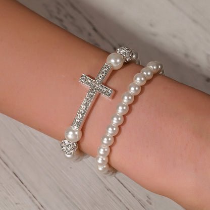 Cross-border hot-selling imitation pearl diamond cross diamond ball bracelet combination cold wind advanced sense personalized wedding bracelet