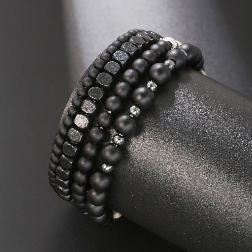 Cross-border explosion, black matte wood bead bracelet, hematite beaded bracelet set, men's black agate bead elastic bracelet.