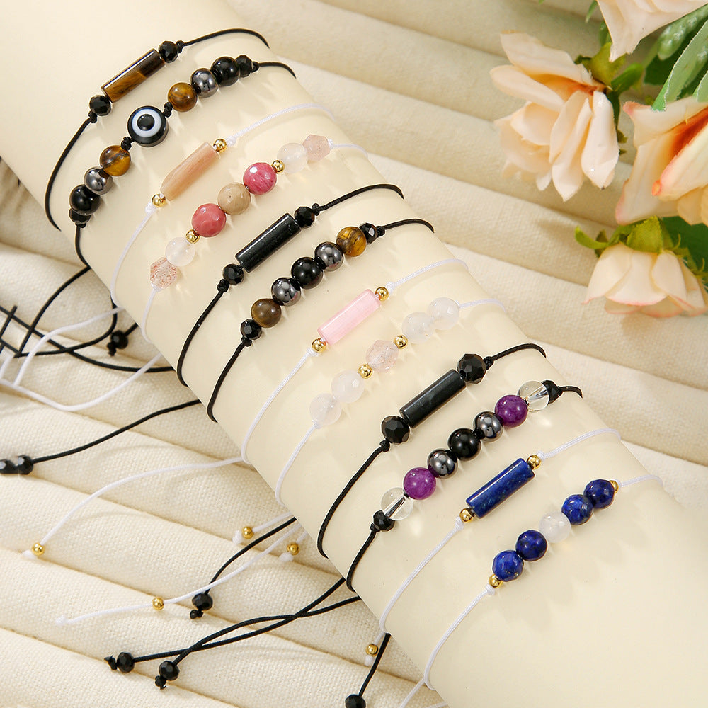 Cross-border new woven handmade beaded stone bracelet cylindrical amethyst tiger eye powder crystal bracelet couple friendship bracelet