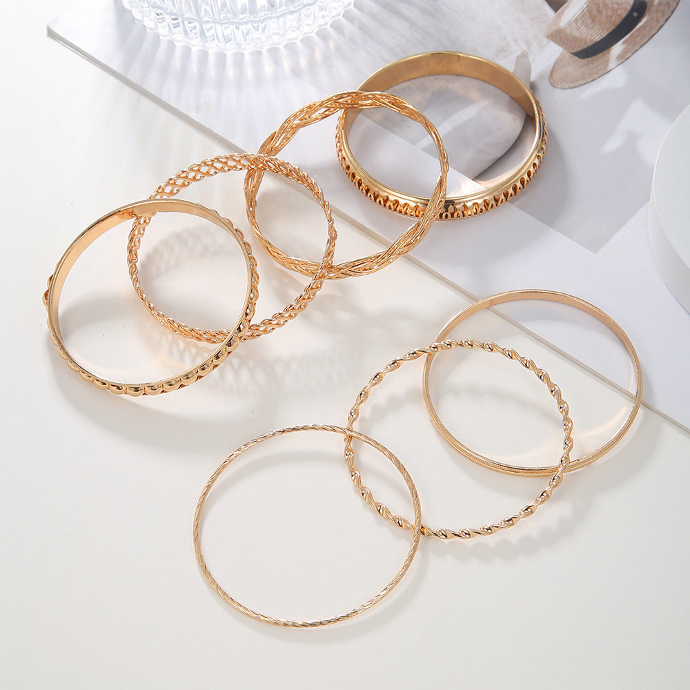 Cross-border European and American new jewelry, fashionable personalized texture multi-layer metal bracelet set 7 sets of iron bracelets