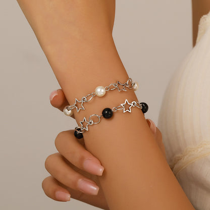 Cross-border hot-selling hollow five-pointed star imitation pearl black agate splicing bracelet women's simple temperament couple girlfriend bracelet