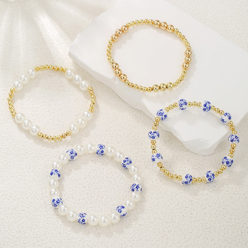 Chinese style blue and white ceramic imitation pearl CCB beaded cross-border Internet celebrity style multi-layer stacked elastic bracelet bracelet women
