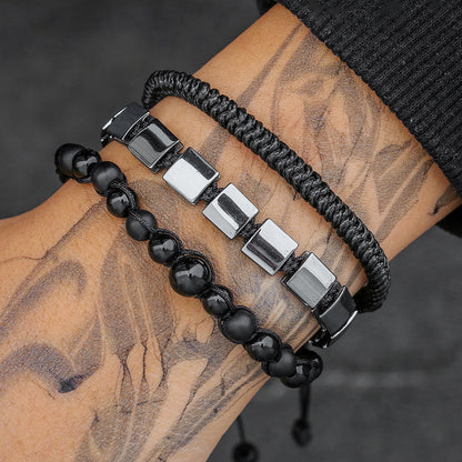 Cross-border hot-selling square black gallstone bracelet men's multi-strip stacking wear mix and match woven bracelet fashion beaded with jewelry men