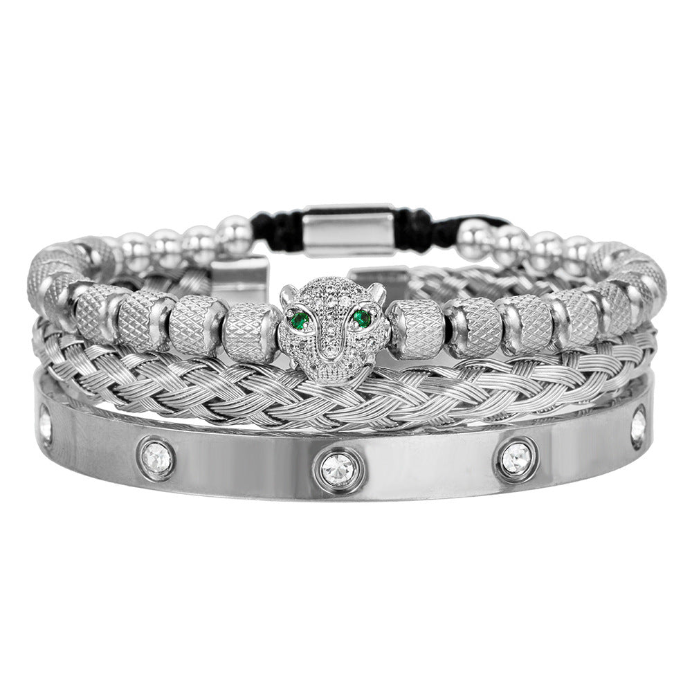 European and American retro zircon leopard head woven bracelet Roman letter woven stainless steel mesh bracelet set men