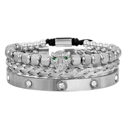European and American retro zircon leopard head woven bracelet Roman letter woven stainless steel mesh bracelet set men