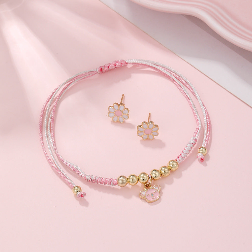 Cross-border new little raccoon pendant woven bracelet, dripping oil, daisy stud earrings, small fresh children's jewelry set combination