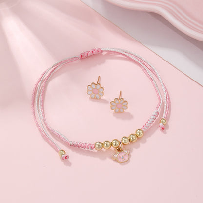 Cross-border new little raccoon pendant woven bracelet, dripping oil, daisy stud earrings, small fresh children's jewelry set combination
