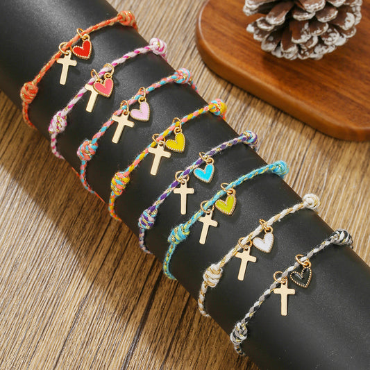 INS Rainbow Braided Love Stacked Hand Rope Couple Gold Cross Dripping Oil Peach Heart Pendant Friendship Bracelet Women
