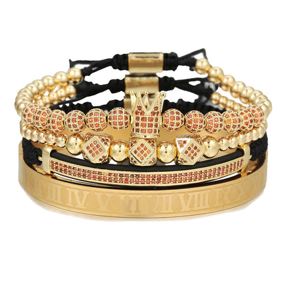 European and American men's micro-inlaid zircon diamond ball crown bracelet, diamond bracelet set, stainless steel Roman bracelet four-piece set