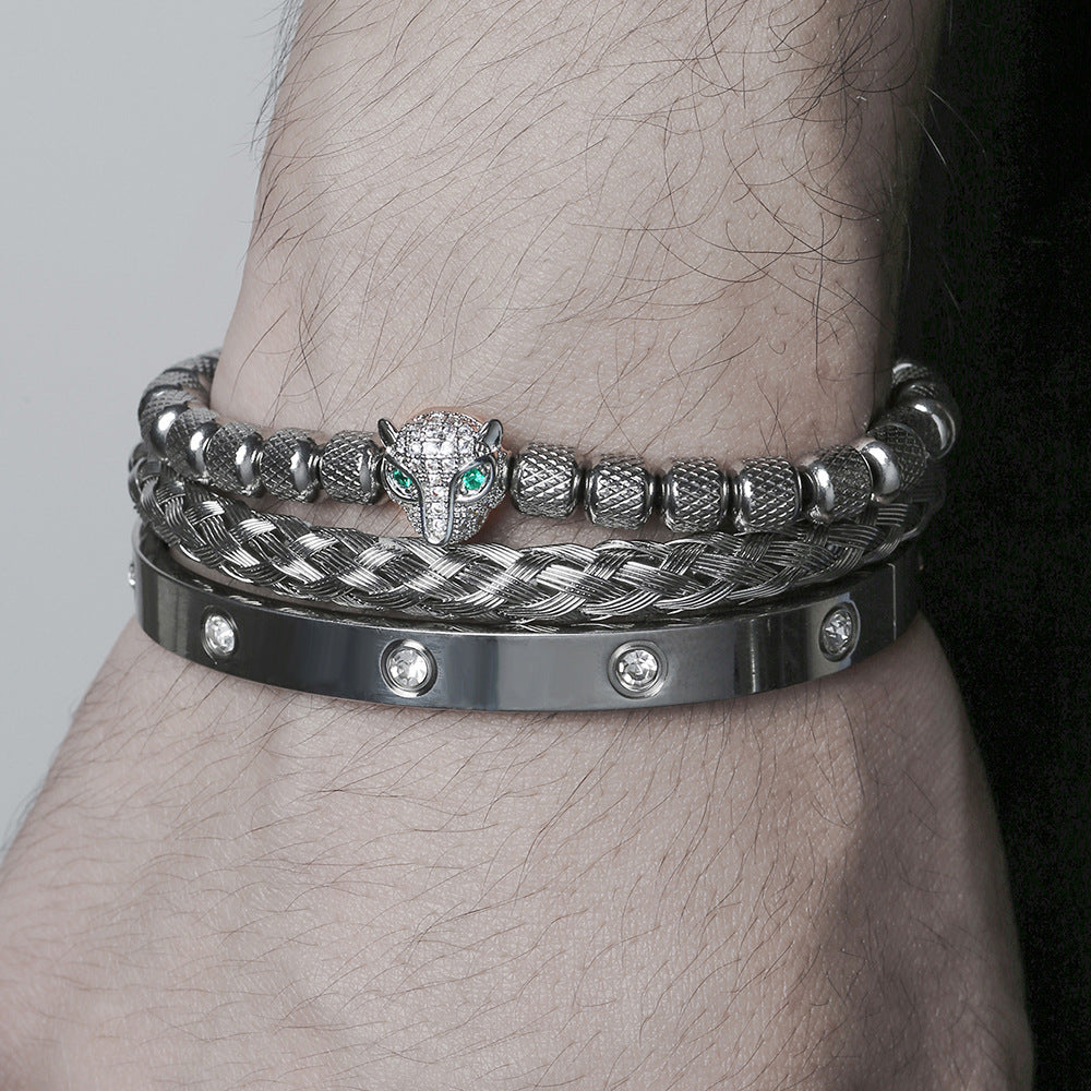 European and American retro zircon leopard head woven bracelet Roman letter woven stainless steel mesh bracelet set men