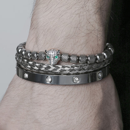 European and American retro zircon leopard head woven bracelet Roman letter woven stainless steel mesh bracelet set men