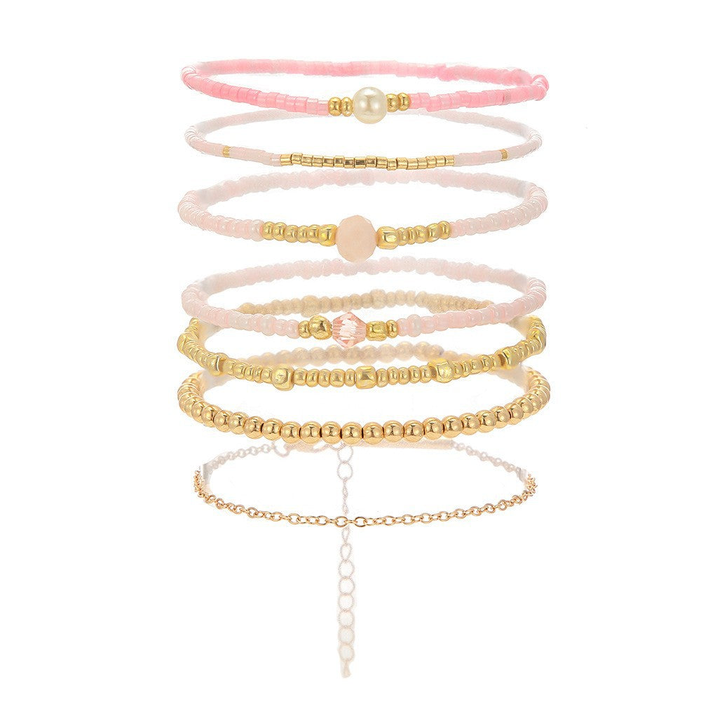 Cross-border new fresh and sweet pink crystal bracelet beaded elastic women's bracelet set butterfly festival pendant handmade