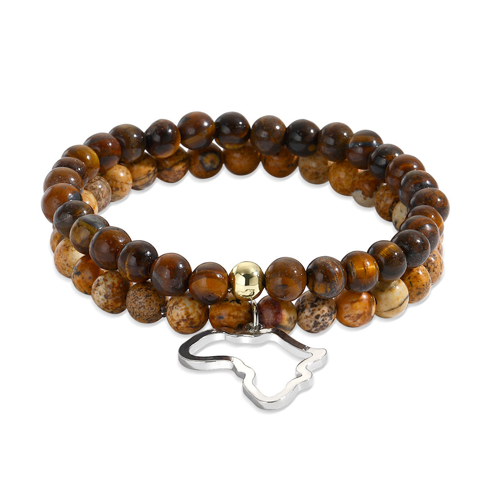 Cross-border hot-selling stainless steel Africa map jewelry, simple and versatile 8mm picture tiger's eye elastic bracelet set