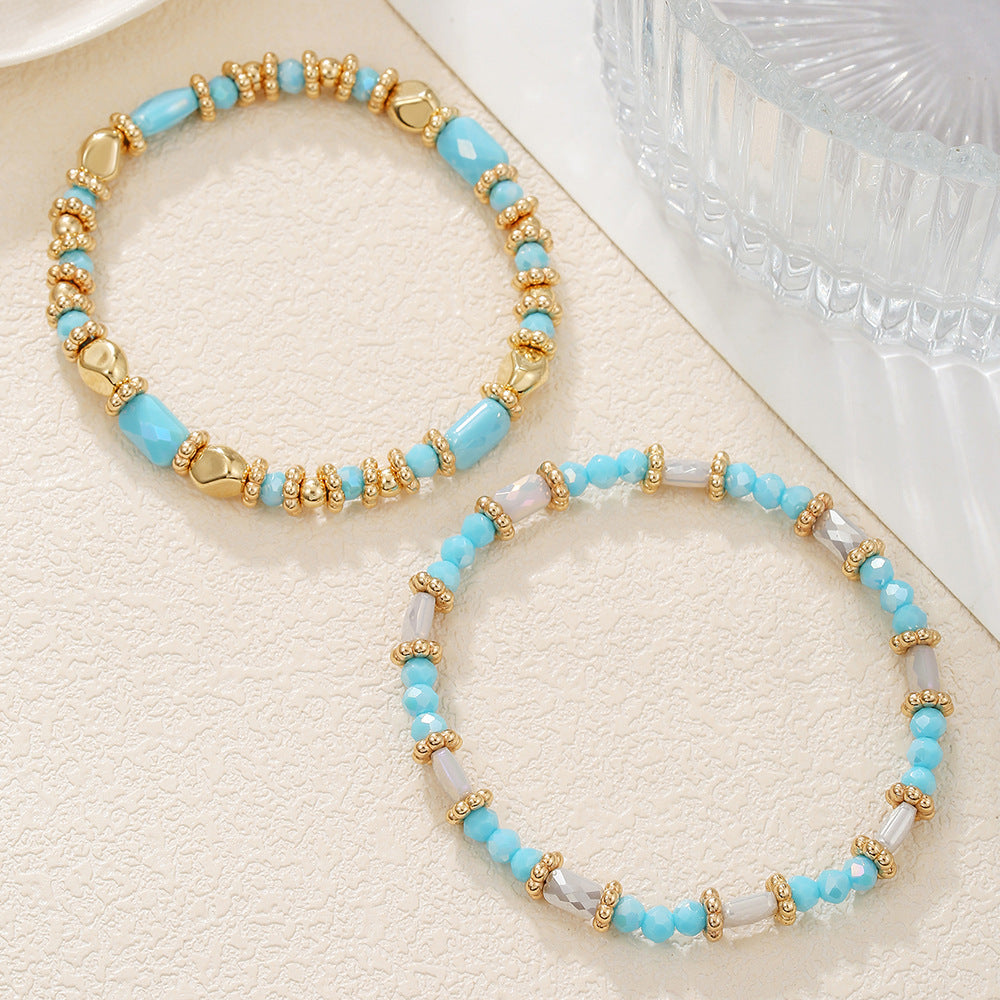 European and American hot-selling 2-piece set Bohemian cut glass bead bracelet multi-color rectangular bead beaded elastic bracelet