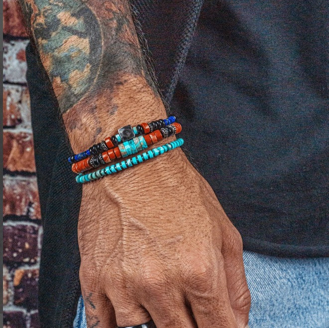 Cross-border new natural stone beaded bracelet combination men's personality retro bohemian black gallstone stacked bracelet