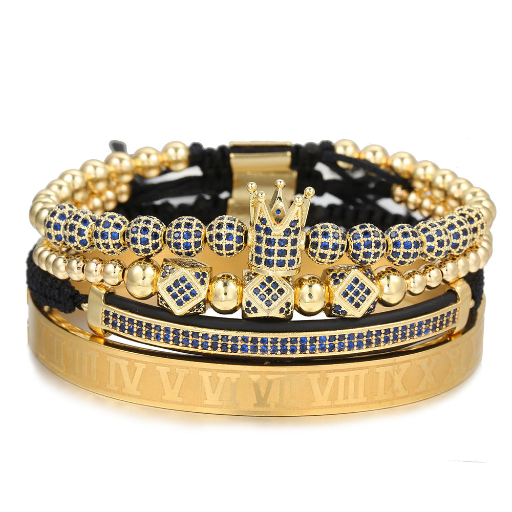 European and American men's micro-inlaid zircon diamond ball crown bracelet, diamond bracelet set, stainless steel Roman bracelet four-piece set
