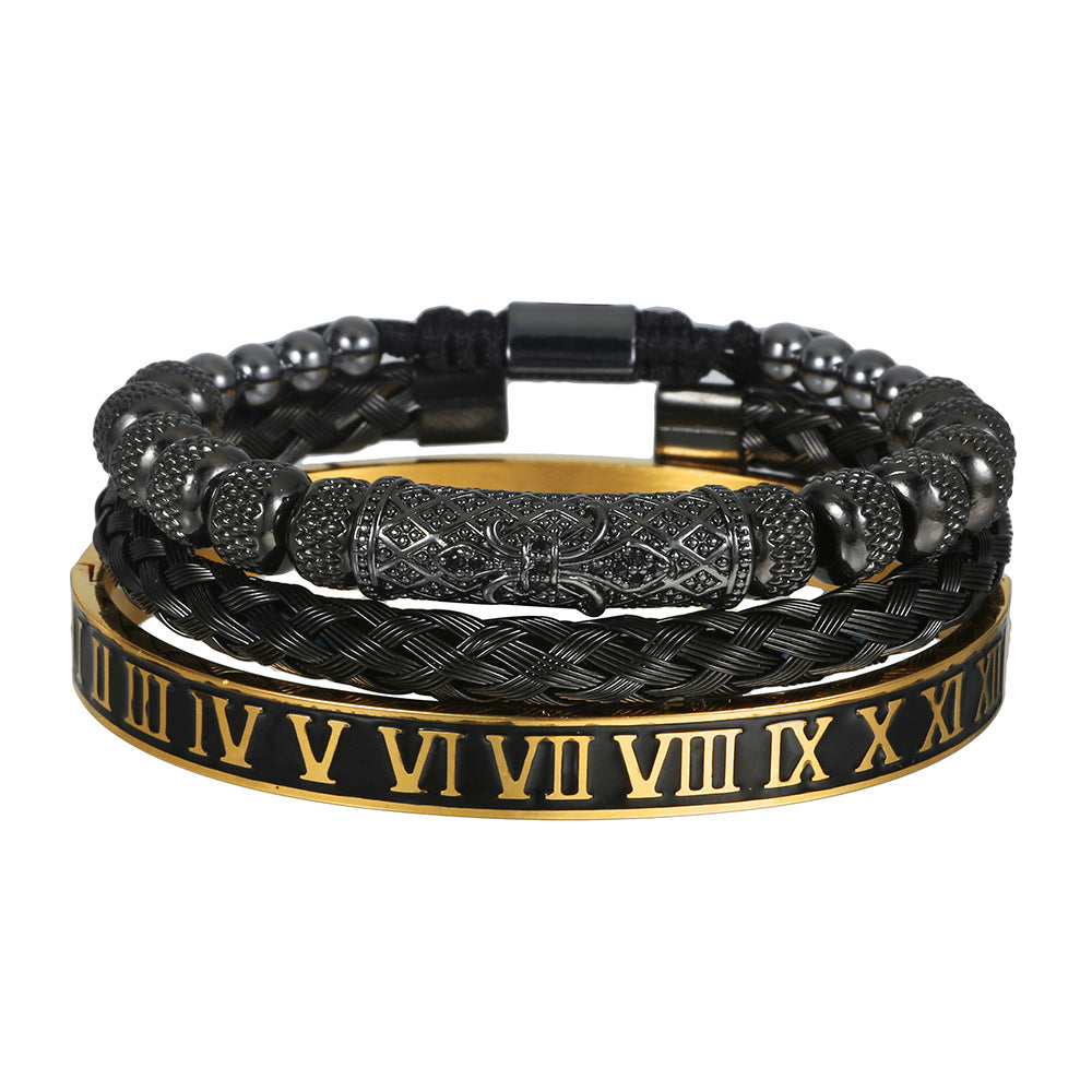 European and American retro zircon pipe bend braided bracelet bracelet set, dripping Roman letter braided stainless steel bracelet