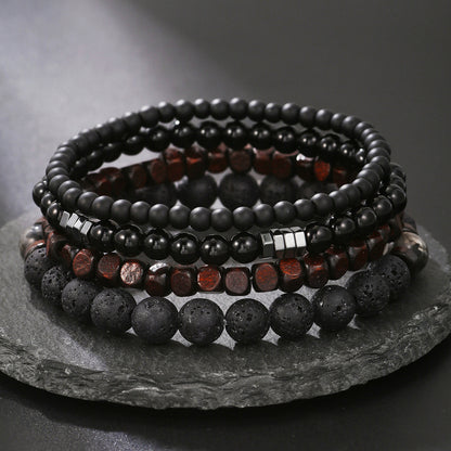 Cross-border new men's beaded bracelet set map stone black gallstone cross bracelet elastic three-piece bracelet set