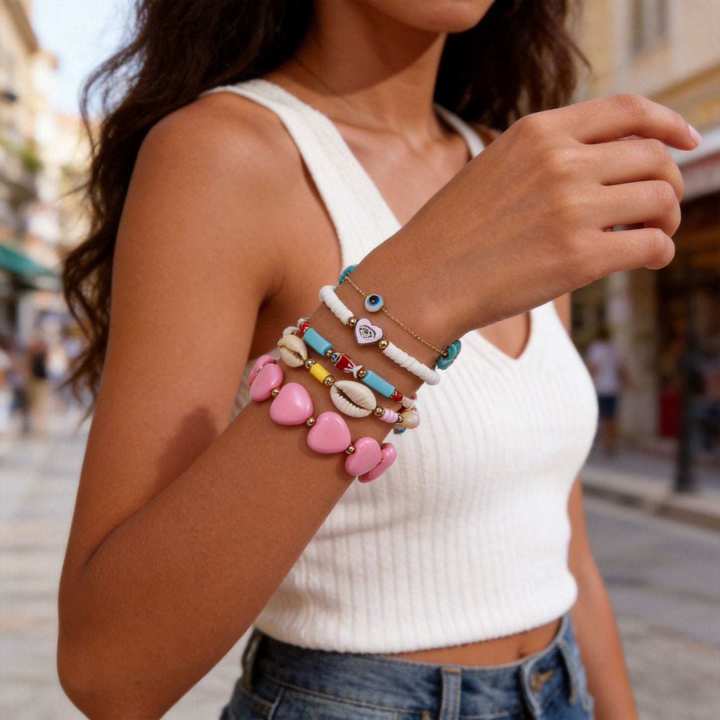 Bohemian vacation wind soft pottery shell beaded woven bracelet beach wind fish eyes turquoise starfish bracelet female
