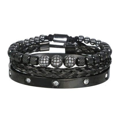 Amazon Hot Sale Men's Bracelet Woven Pineapple Bead Zircon Diamond Ball Three-piece Stainless Steel Roman Numeral Bracelet