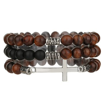 Vintage men's bracelet, Bohemian cross wooden bead bracelet, ethnic style couple multi-layer bracelet set