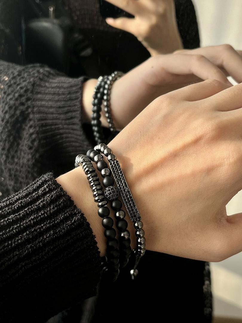 European and American new retro men's turquoise volcanic stone beaded bracelet simple design double-layer stacked bracelet combination