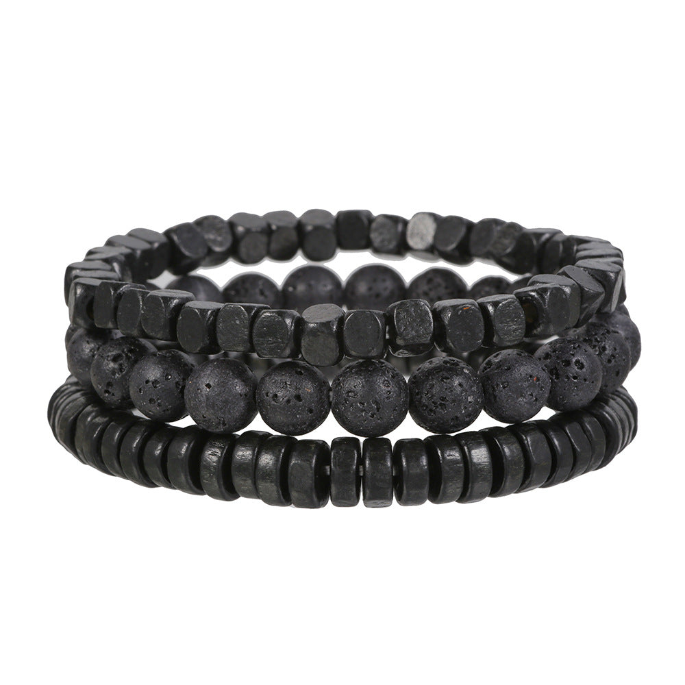 Volcano stone black matte black gallstone wood bead bracelet set combination hip hop European and American Internet celebrity wind elastic bracelet bracelet