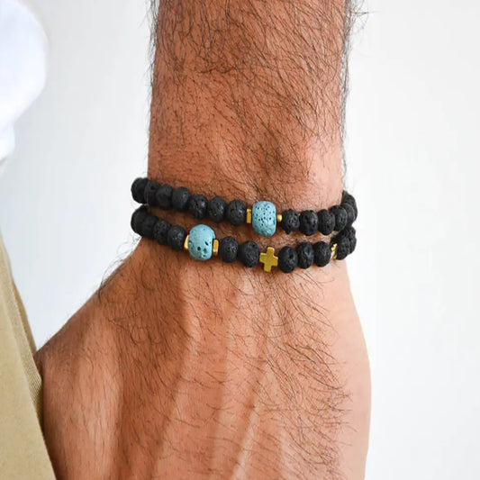 Ins Internet celebrity wind volcanic stone bracelet set simple versatile black gallstone cross elastic bracelet couple bracelet