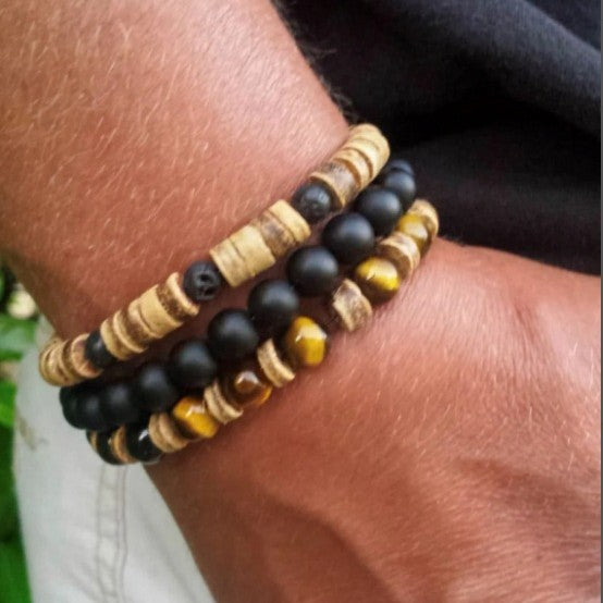 Cross-border best-selling handmade bead bracelets for men, vintage style multi-layer elastic tiger's eye stone wood beads coconut shell bracelets