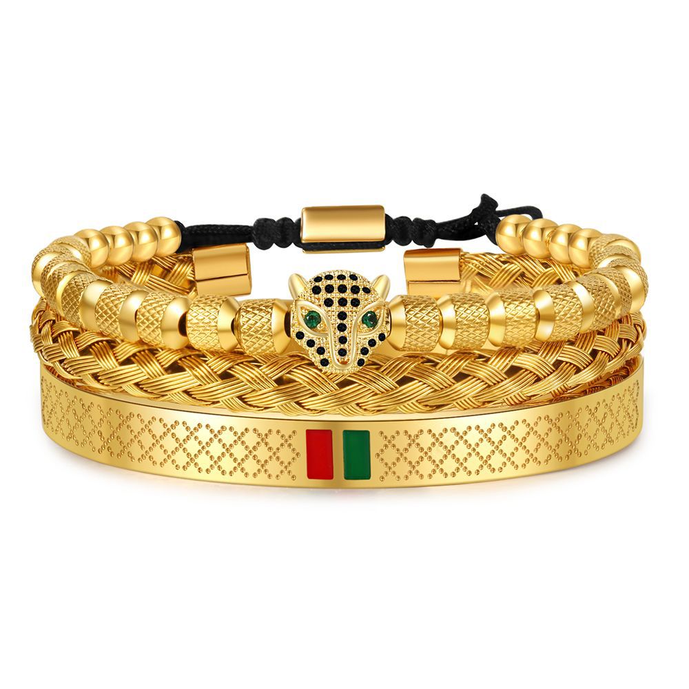 Hip Hop Men's Copper Inlaid Zircon Leopard Head Stainless Steel Bracelet Bracelet Combination Set Non-Fading Internet celebrity jewelry