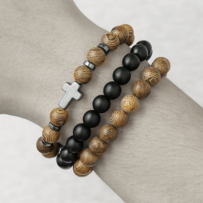 Factory direct sales cross-border hot-selling jewelry, black gallstone cross, wooden bead personalized bracelet, men's elastic bracelet set