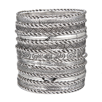 Cross-border hot-selling ethnic style metal bracelets for women, vintage stacked gold hammered pattern bracelet set of nineteen