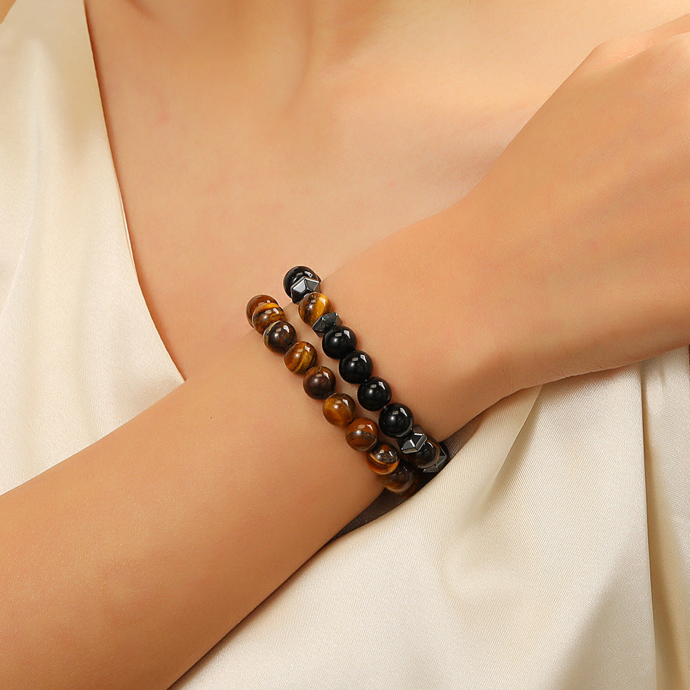 2 sets of yellow tiger eye black gallstone bracelet set combination, tiger eye stone bracelet fashionable and simple couple bracelet.
