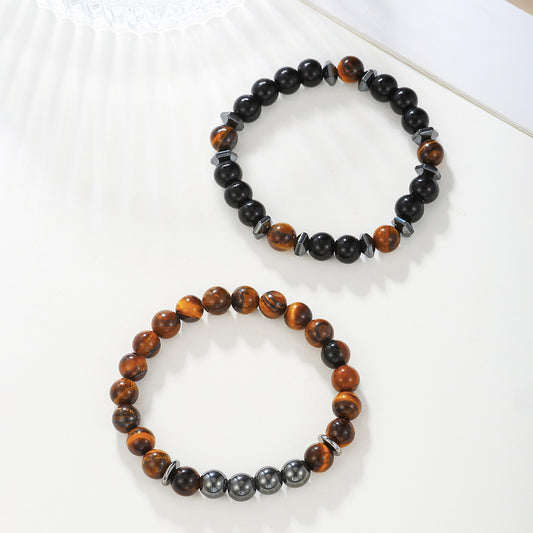 2 sets of yellow tiger eye black gallstone bracelet set combination, tiger eye stone bracelet fashionable and simple couple bracelet.
