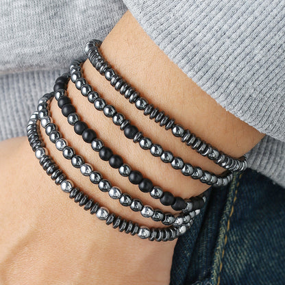 European and American new versatile handmade beaded bracelet set couple beach wind geometric hip-hop black gallstone elastic jewelry