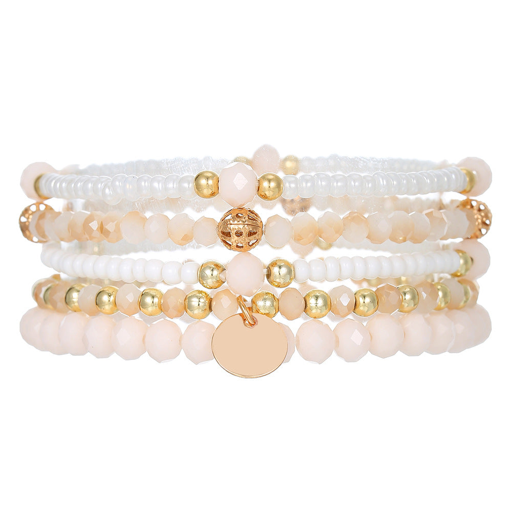 Bohemian style multi-layer stackable bracelet set, simple elastic glass rice bead round pendant, bracelet for women