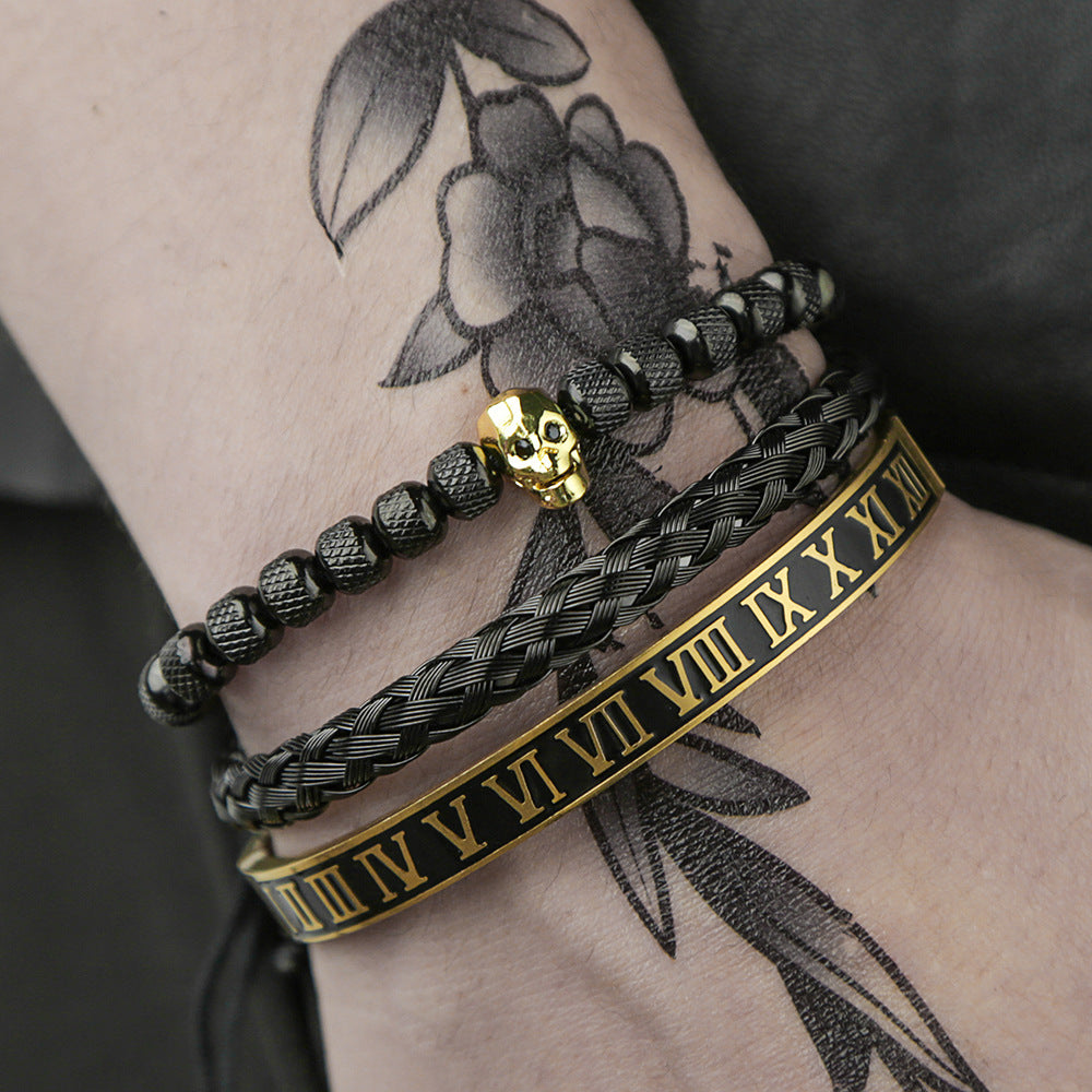 European and American retro zircon skull woven bracelet bracelet set Roman numerals letter woven stainless steel bracelet