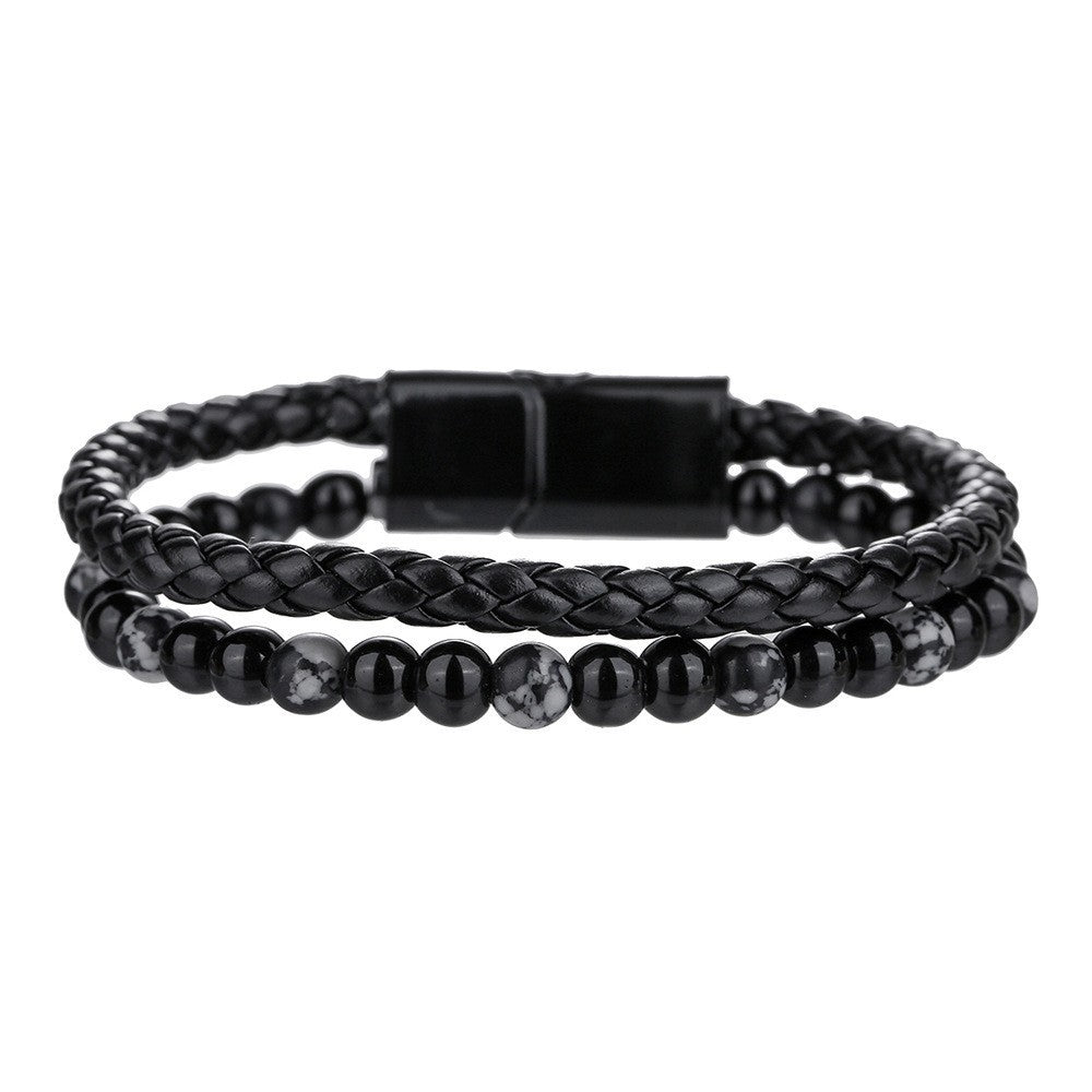 Cross-border new hip-hop punk beaded men's bracelet set stacked with black agate tiger's eye leather magnetic buckle bracelet