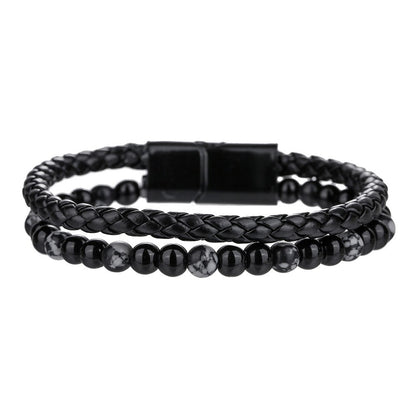 Cross-border new hip-hop punk beaded men's bracelet set stacked with black agate tiger's eye leather magnetic buckle bracelet