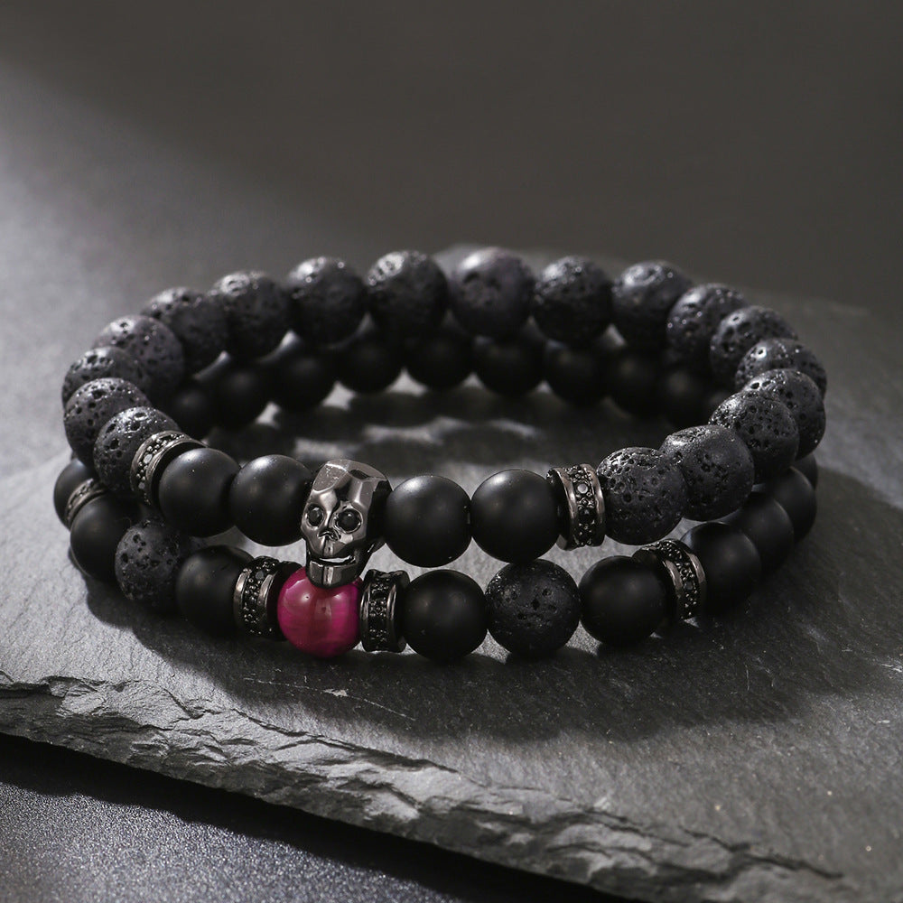 Amazon cross-border European and American domineering men's micro-inlaid zircon skull bracelet set volcanic stone bead beaded bracelet