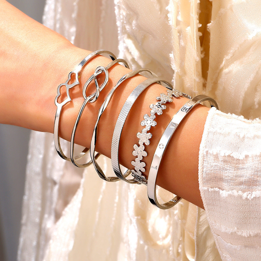 European and American cross-border alloy love knotted flower bracelet set geometric metal cross-stacked wear LOVE open bracelet