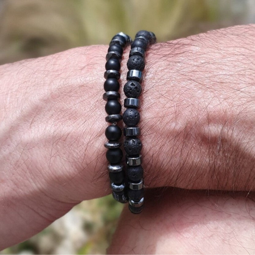 Fashion Personality Volcano Stone Black Magic Sand Black Gallstone Beaded Elastic Bracelet Men's 2-piece Commuter Vacation Bracelet