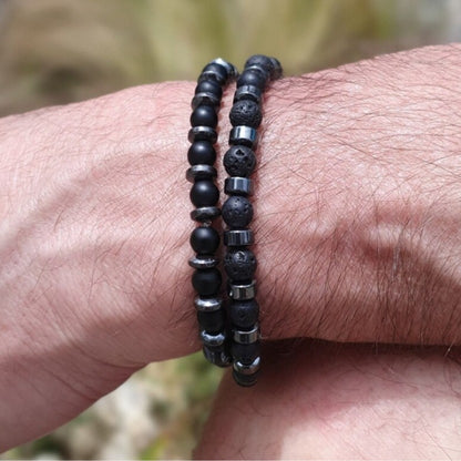 Fashion Personality Volcano Stone Black Magic Sand Black Gallstone Beaded Elastic Bracelet Men's 2-piece Commuter Vacation Bracelet