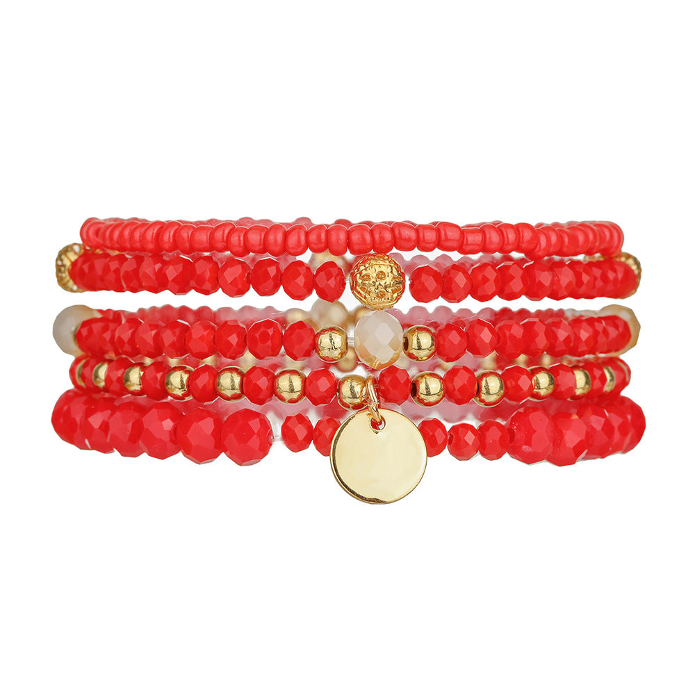 Bohemian style multi-layer stackable bracelet set, simple elastic glass rice bead round pendant, bracelet for women