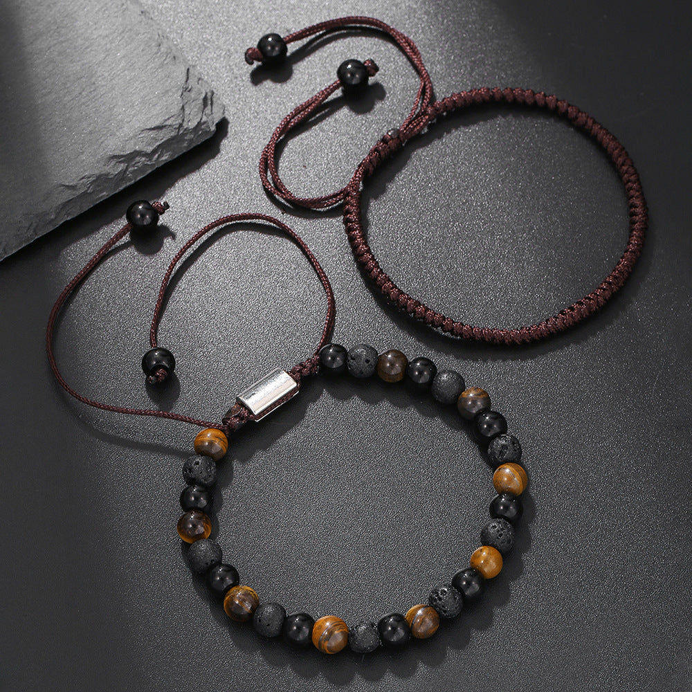 Cross-border hot-selling diamond knot woven bracelet men's combination volcanic stone blue turquoise tiger's eye adjustable couple bracelet