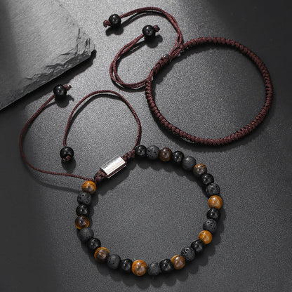 Cross-border hot-selling diamond knot woven bracelet men's combination volcanic stone blue turquoise tiger's eye adjustable couple bracelet